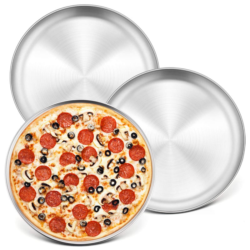 P&P CHEF 10 Inch Pizza Pan, 3 Pieces Stainless Steel Round Pizza Tray Dish Plate For Oven Baking Roasting, Healthy & Heavy Duty, Rust Free & Dishwasher Safe -Silver - Image 1